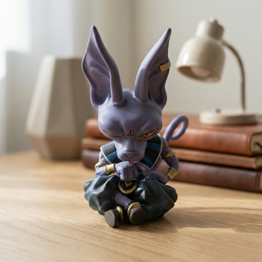 14cm Lord Beerus action figure with a highly detailed cross-legged sitting pose and contemplative expression for Krishna Toyverse India.