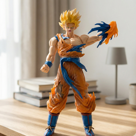 35cm Super Saiyan Goku action figure with heavily battle-torn orange gi and shouting expression for Krishna Toyverse India.