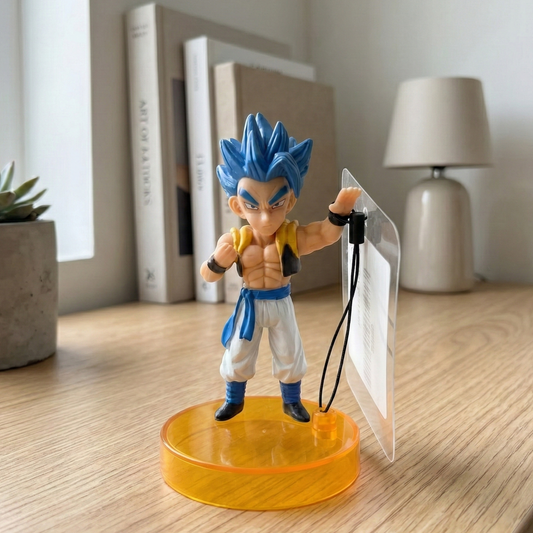 9cm Super Saiyan Blue Gogeta figure in dynamic pose, blue hair, Metamoran vest.