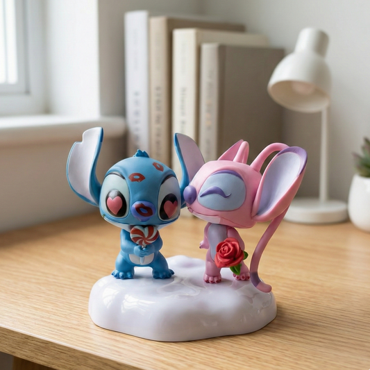12cm Stitch & Angel figures (Cosbaby style) standing together. Cute, collectible pair.