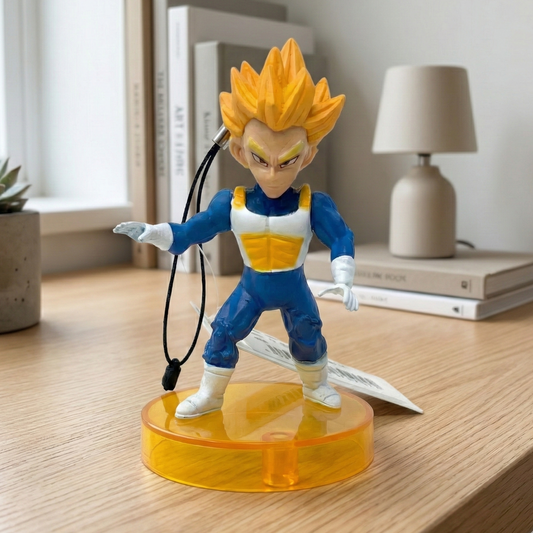 9cm Super Saiyan Vegeta figure in action pose, featuring golden hair and blue armor.