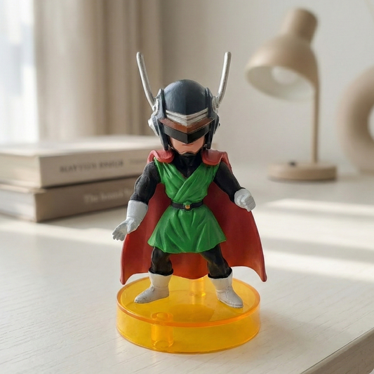 Close-up of the 10cm Great Saiyaman figure in his green and orange suit, helmet visible.