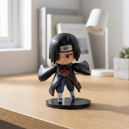 9cm Itachi Uchiha figure, Akatsuki robe, Mangekyo Sharingan, dynamic pose.