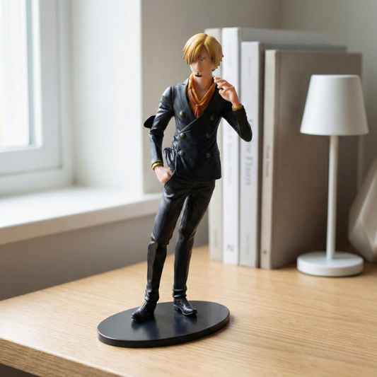 17cm Sanji "Black Leg" figure in fighting stance, yellow hair, black suit, high detail.