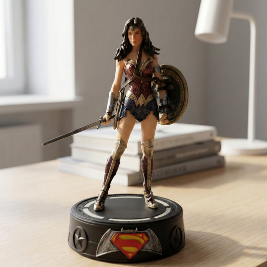 20cm Wonder Woman action figure with sword, shield, and a glowing BvS LED base for Krishna Toyverse India.