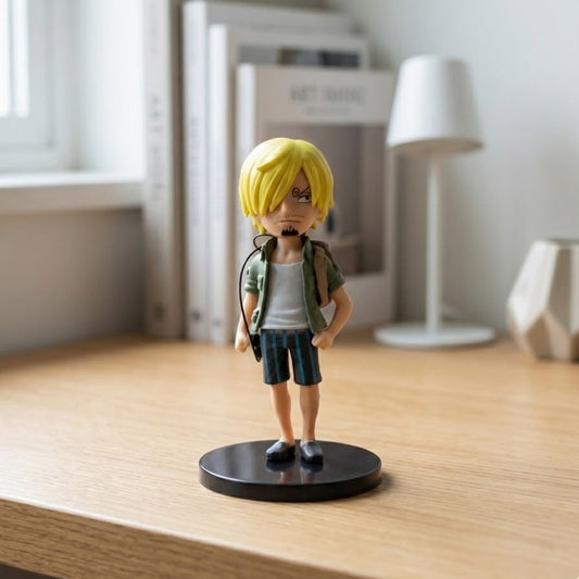 7cm Sanji figure from One Piece in Island Explorer outfit. Dynamic pose, black suit.