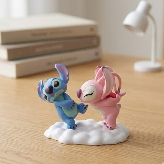 12cm Stitch and Angel figures, embracing in "Ohana Love" pose. Disney collectible set.
