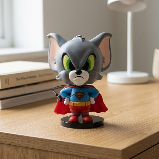9cm Tom figure as Super-Cat (Superman), flying pose, red cape visible.