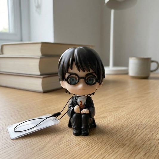 7cm Harry Potter sitting figure in Hogwarts robes, holding his wand.