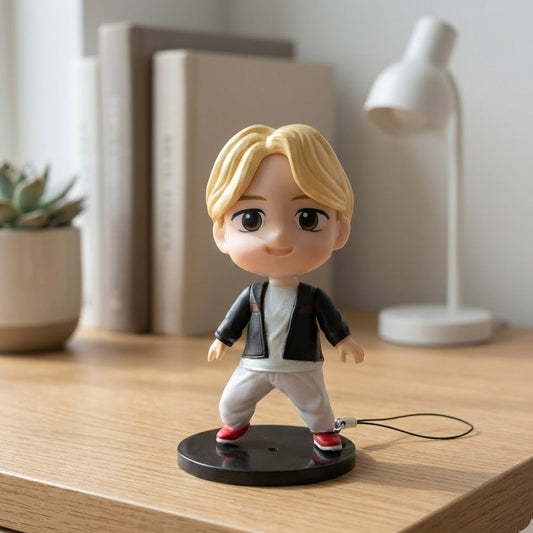 11cm TinyTan Jimin figure in "Dynamite" outfit, dynamic pose, red jacket, pink hair.