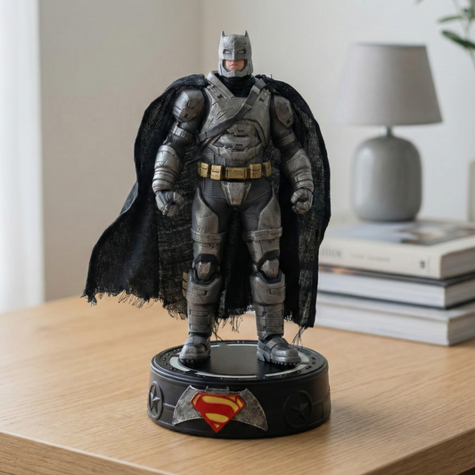 22cm Armored Batman action figure with weathered metallic suit, tattered fabric cape, and glowing BvS LED base for Krishna Toyverse India.