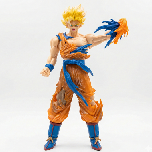 35cm Super Saiyan Goku action figure with heavily battle-torn orange gi and shouting expression for Krishna Toyverse India.