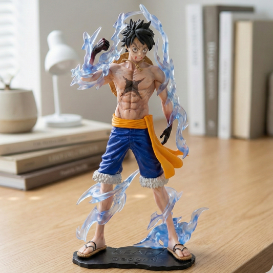 25cm Monkey D. Luffy action figure with translucent blue flame effects and Armament Haki detailing for Krishna Toyverse India.