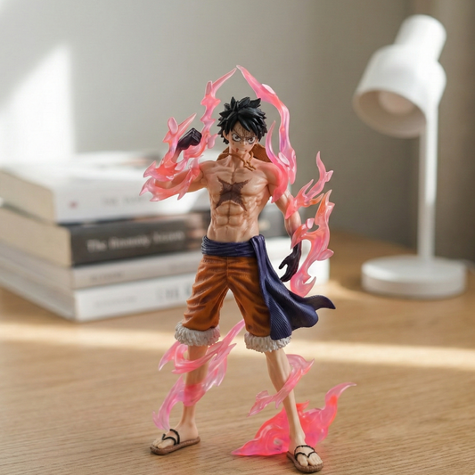 24cm Monkey D. Luffy action figure with translucent pink and red flame effects and an Armament Haki fist for Krishna Toyverse India.