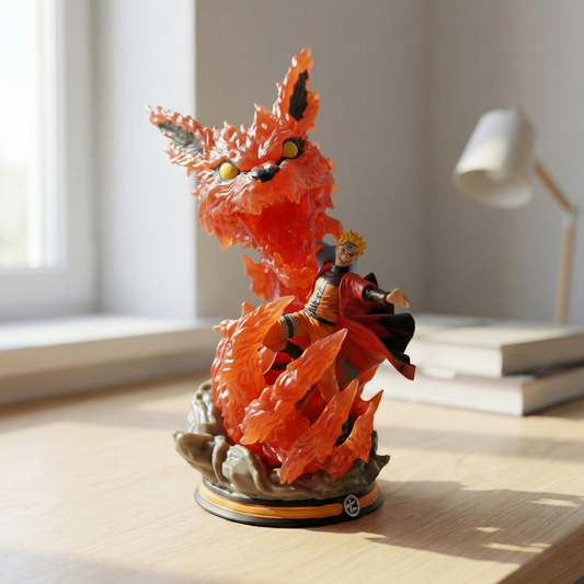 21cm Naruto Uzumaki action figure featuring his iconic Hokage cloak and a massive translucent orange Kurama spirit backing for Krishna Toyverse India.