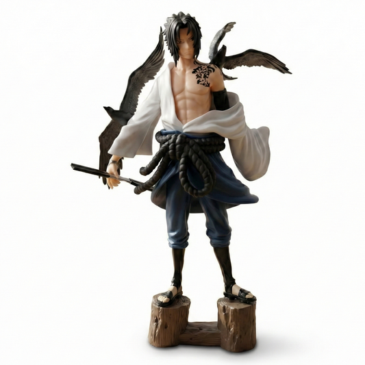 25cm Sasuke Uchiha action figure standing on a wooden log base with sword for Krishna Toyverse India.